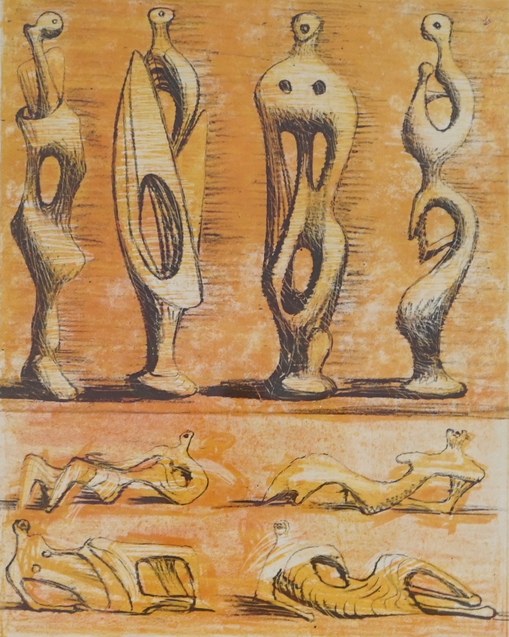 Henry Moore OM CH FBA (1898-1986), 'Standing and reclining figures', lithograph on plastocowell in three colours, 32 x 25cm